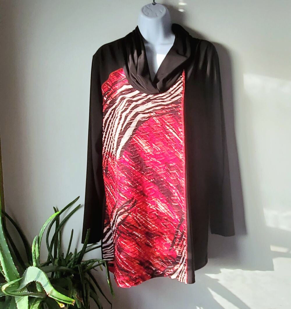 Piccadilly Womens Black Red Long Sleeve Cowl Neck Tunic Size XL Lagenlook Artsy